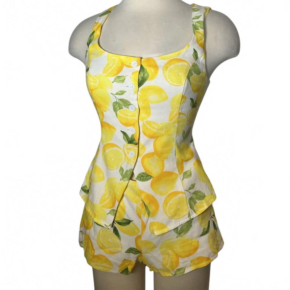 NEW LE LIS la sorrentina lemon cotton vest top with shorts two piece set in yell - Picture 6 of 6